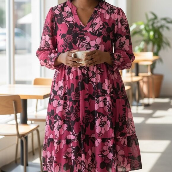 657 WOMENS LARGE PINK/BLACK FLORAL DRESS BY KATE & MALLORY - Picture 1 of 1